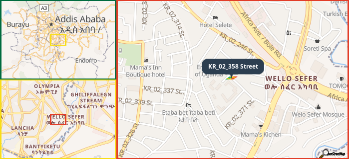 Map showing the address of KR_02_358 Street in three different zoom levels.