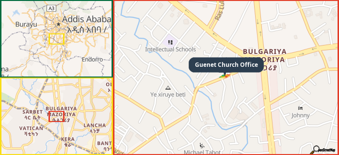 Map showing the address of Guenet Church Office in three different zoom levels.