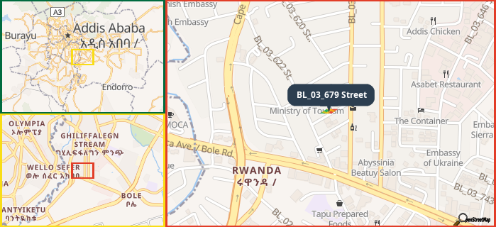 Map showing the address of BL_03_679 Street in three different zoom levels.