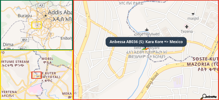 Map showing the address of Anbessa AB036 (S): Kara Kore => Mexico in three different zoom levels.