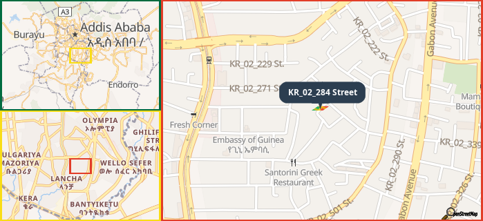 Map showing the address of KR_02_284 Street in three different zoom levels.