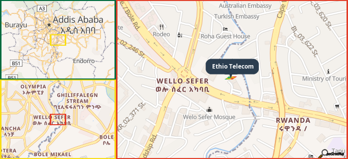 Map showing the address of Ethio Telecom in three different zoom levels.