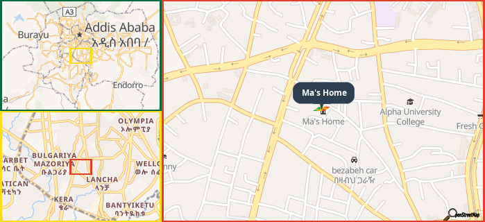 Map showing the address of Ma's Home in three different zoom levels.