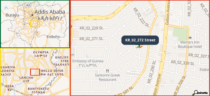 Map showing the address of KR_02_272 Street in three different zoom levels.