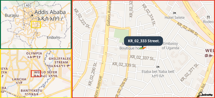 Map showing the address of KR_02_333 Street. in three different zoom levels.