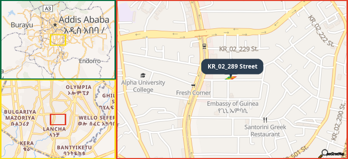 Map showing the address of KR_02_289 Street in three different zoom levels.