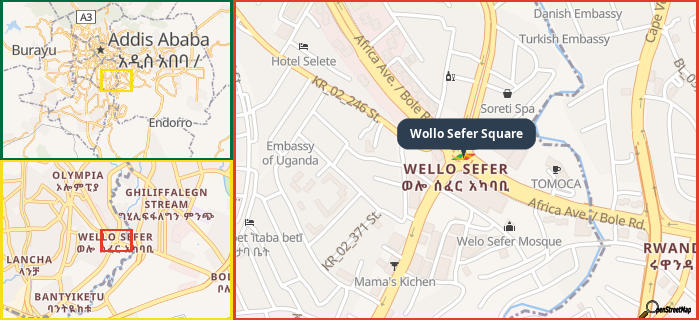 Map showing the address of Wollo Sefer Square in three different zoom levels.