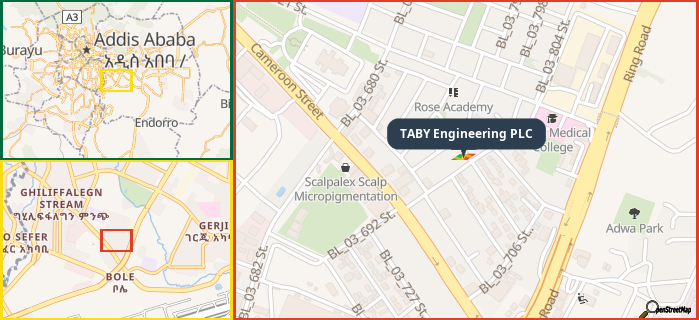 Map showing the address of TABY Engineering PLC in three different zoom levels.