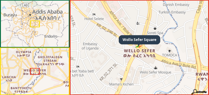 Map showing the address of Wollo Sefer Square in three different zoom levels.