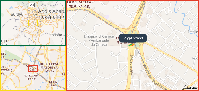 Map showing the address of Egypt Street in three different zoom levels.