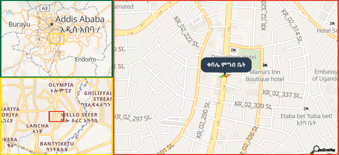 Map showing the address of ቀበሌ ምግብ ቤት in three different zoom levels.