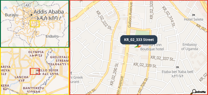 Map showing the address of KR_02_333 Street in three different zoom levels.