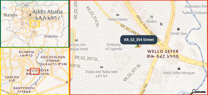 Map showing the address of KR_02_354 Street in three different zoom levels.