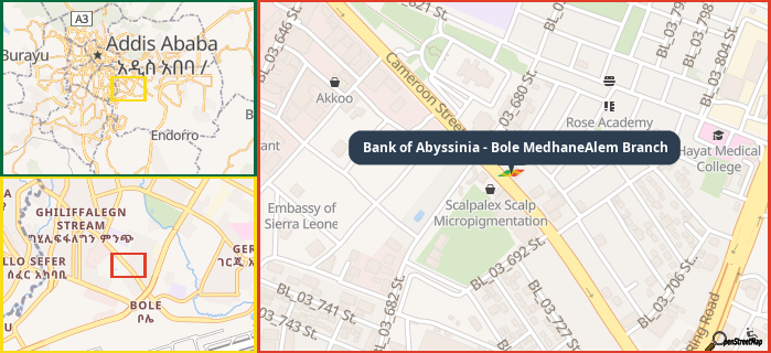 Map showing the address of Bank of Abyssinia - Bole MedhaneAlem Branch in three different zoom levels.