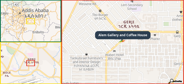 Map showing the address of Alem Gallery and Coffee House in three different zoom levels.