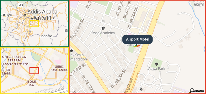 Map showing the address of Airport Motel in three different zoom levels.