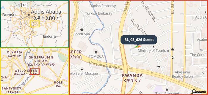 Map showing the address of BL_03_626 Street in three different zoom levels.