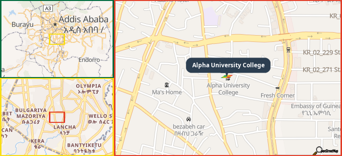 Map showing the address of Alpha University College in three different zoom levels.