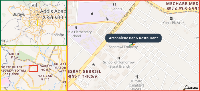 Map showing the address of Arcobaleno Bar & Restaurant in three different zoom levels.