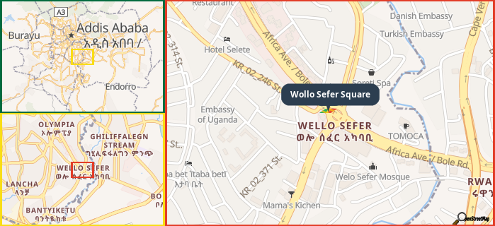 Map showing the address of Wollo Sefer Square in three different zoom levels.