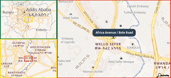 Map showing the address of Africa Avenue / Bole Road in three different zoom levels.