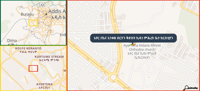 Map showing the address of አየር ጤና አንቀፀ ብርሃን ቅድስት ኪዳነ ምሕረት ቤተ ክርስቲያን in three different zoom levels.