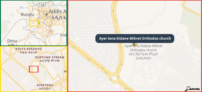 Map showing the address of Ayer tena Kidane Mihret Orthodox church in three different zoom levels.