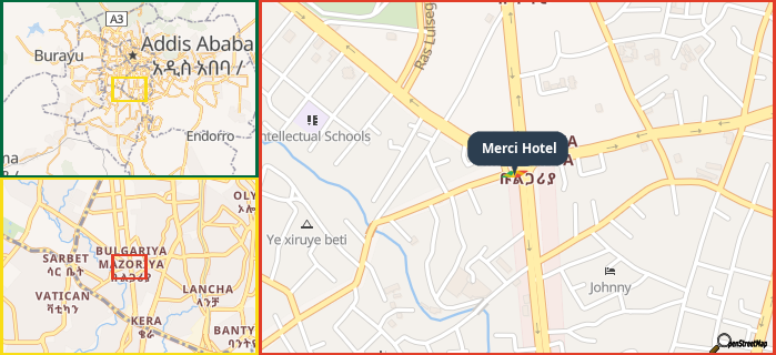 Map showing the address of Merci Hotel in three different zoom levels.