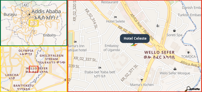 Map showing the address of Hotel Celeste in three different zoom levels.