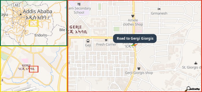 Map showing the address of Road to Gergi Giorgis in three different zoom levels.