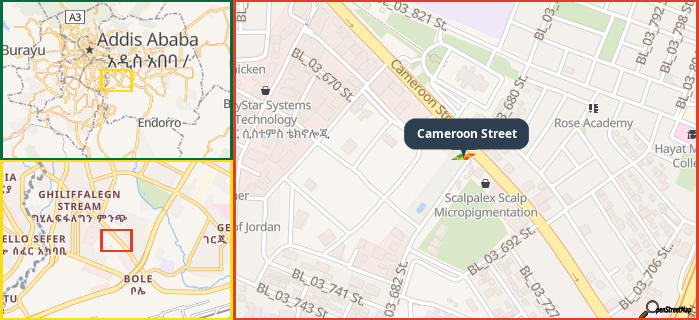Map showing the address of Cameroon Street in three different zoom levels.