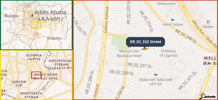 Map showing the address of KR_02_332 Street in three different zoom levels.