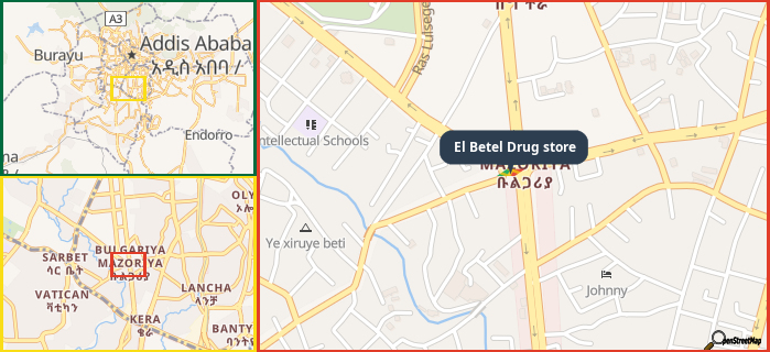 Map showing the address of El Betel Drug store in three different zoom levels.