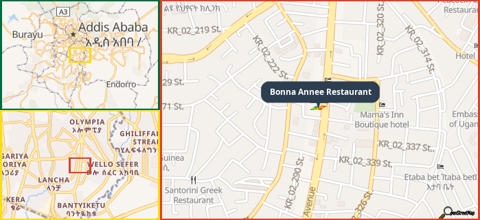 Map showing the address of Bonna Annee Restaurant in three different zoom levels.