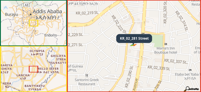 Map showing the address of KR_02_281 Street in three different zoom levels.