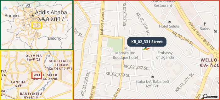 Map showing the address of KR_02_331 Street in three different zoom levels.