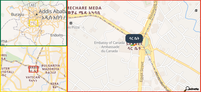 Map showing the address of ሳር ቤት in three different zoom levels.