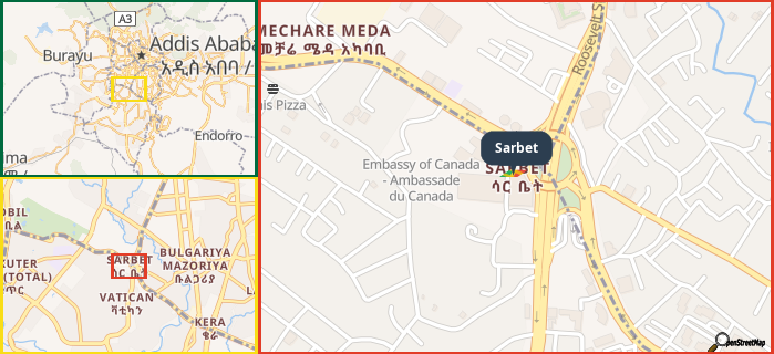 Map showing the address of Sarbet in three different zoom levels.