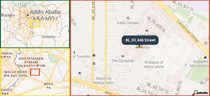 Map showing the address of BL_03_646 Street in three different zoom levels.