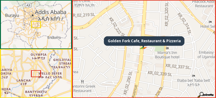 Map showing the address of Golden Fork Cafe, Restaurant & Pizzeria in three different zoom levels.