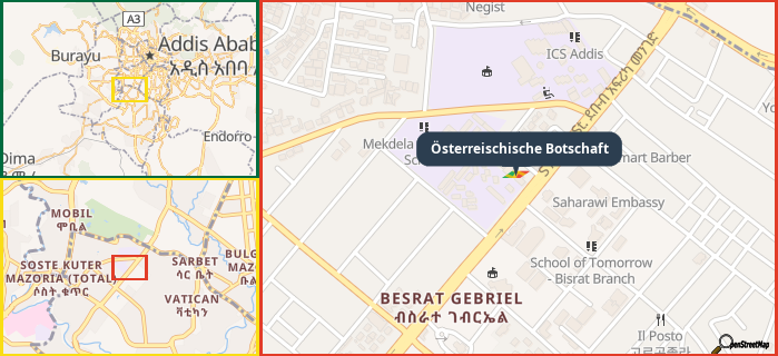 Map showing the address of Österreischische Botschaft in three different zoom levels.