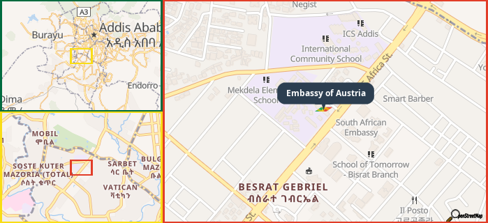 Map showing the address of Embassy of Austria in three different zoom levels.