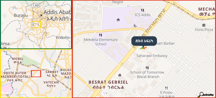 Map showing the address of ደቡብ አፍሪካ in three different zoom levels.