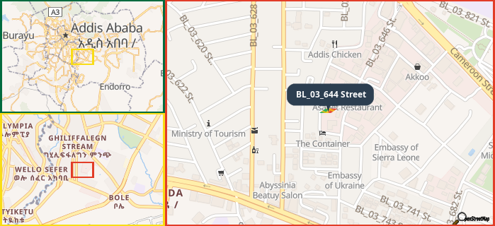 Map showing the address of BL_03_644 Street in three different zoom levels.