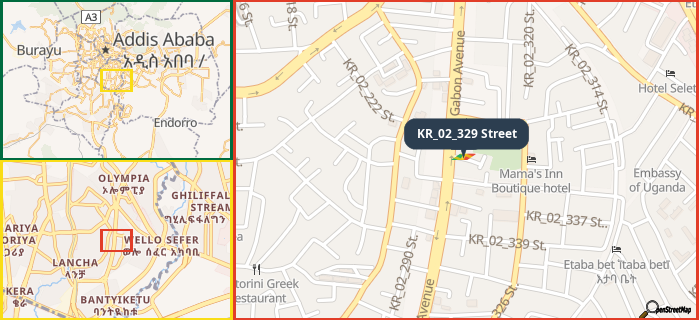 Map showing the address of KR_02_329 Street in three different zoom levels.