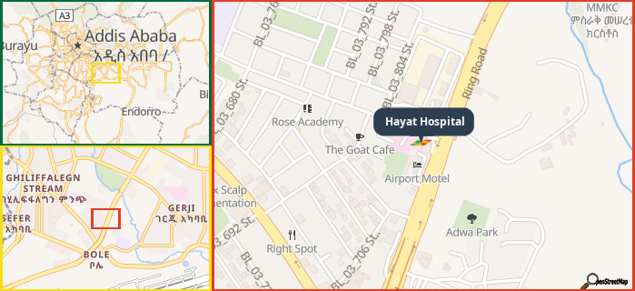 Map showing the address of Hayat Hospital in three different zoom levels.