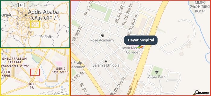 Map showing the address of Hayat hospital in three different zoom levels.