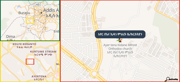 Map showing the address of አየር ጤና ኪዳነ ምህረት ቤ/ክርስትያን in three different zoom levels.