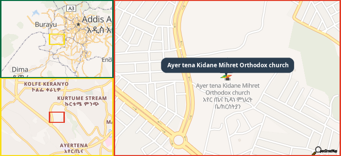 Map showing the address of Ayer tena Kidane Mihret Orthodox church in three different zoom levels.