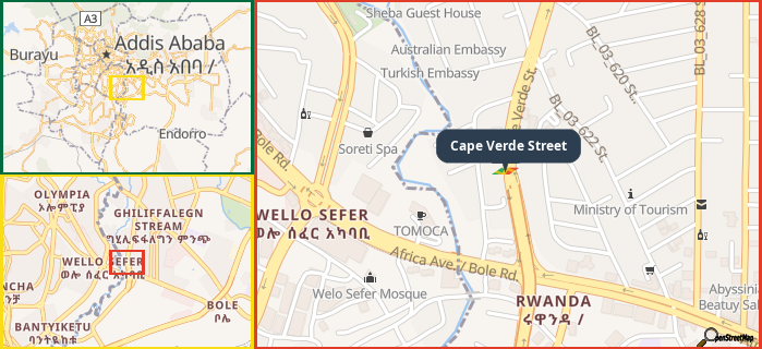 Map showing the address of Cape Verde Street in three different zoom levels.